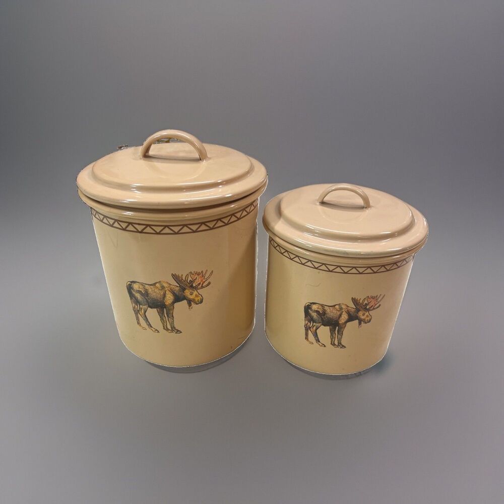 Marble Canyon Enamelware Moose Canisters  Set of 2 Cream Beige Vintage Style